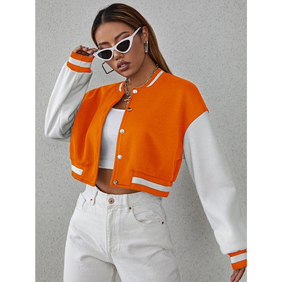 Drop Shoulder Two Tone Crop Bomber Jacket preppy black white - Picture 10 of 11